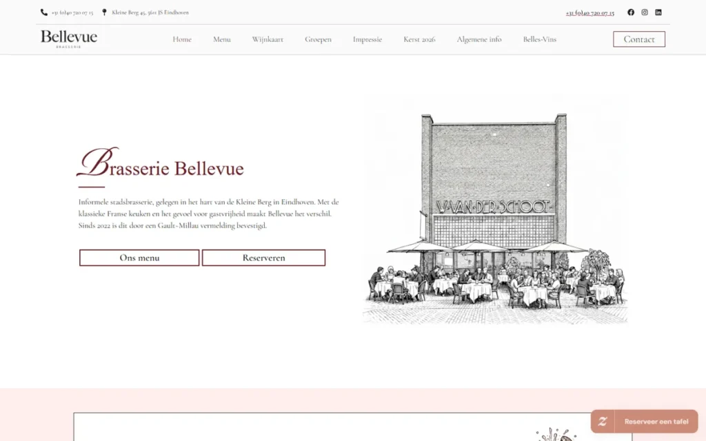 Screenshot van de horeca website van Brasserie Bellevue in Eindhoven