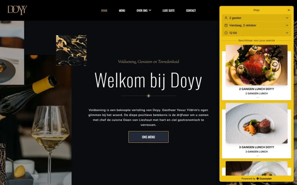 Screenshot van de website van fine dining restaurant Doyy in Eindhoven
