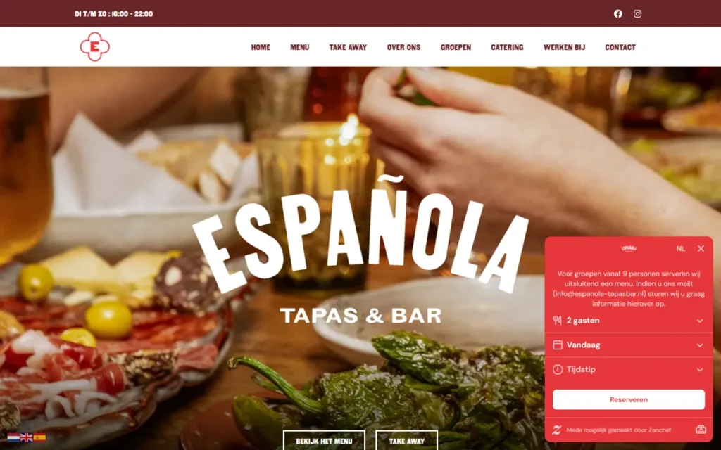 Screenshot van de restaurant website van Española Tapas & Bar in Eindhoven